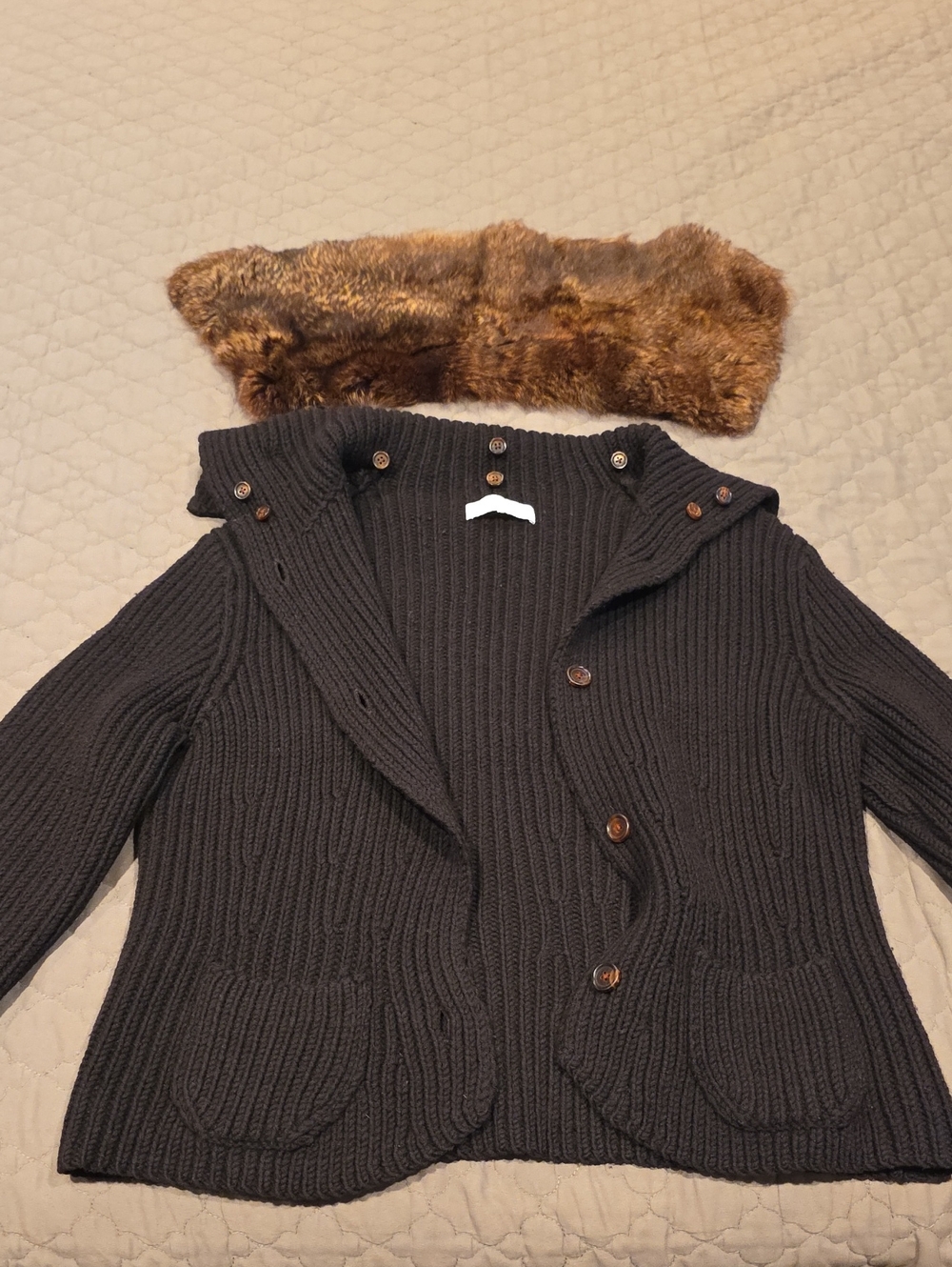 NICOLE FARHI Brown Ribbed Knit Jacket with Removable Brown Fur Collar